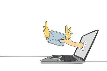 Continuous one line drawing hand holding winged envelope comes out of laptop screen. Stable network to send greetings. Send an Electronic Greeting Card Day. Single line draw design vector illustration