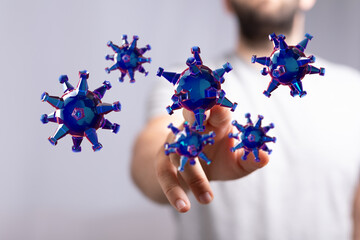 Abstract 3D illustration of virus model near human hand on white background, suggesting concepts like disease,