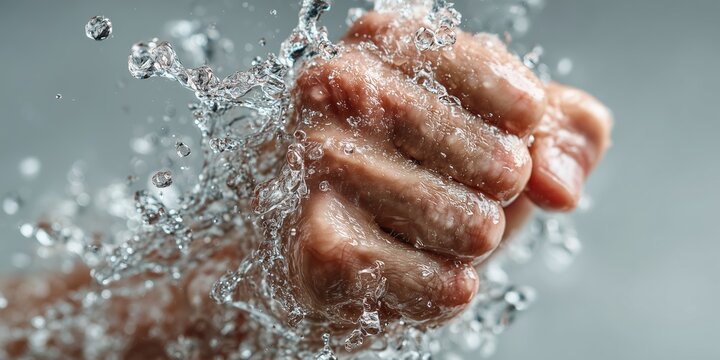 Pu&ntilde;o humano envuelto en salpicaduras de agua, Explosi&oacute;n de agua alrededor de un pu&ntilde;o cerrado, Captura de movimiento: mano impactada por agua