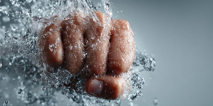 Pu&ntilde;o humano envuelto en salpicaduras de agua, Explosi&oacute;n de agua alrededor de un pu&ntilde;o cerrado, Captura de movimiento: mano impactada por agua