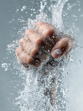 Pu&ntilde;o humano salpicado por agua cristalina, Salpicaduras de agua impactando una mano, Fuerza y vitalidad: Pu&ntilde;o bajo el agua