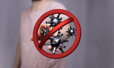 Hand holding a red stop sign over coronavirus cells. Concept of preventing spread of viruses, disease preventi