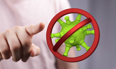 Concept of health safety, warning, and protection from virus and pandemic. Hand pointing at a Covid-19 model.