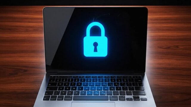 Top-Down View of Laptop Displaying Privacy Lock Screen Symbol with Balanced Symmetry and HDR Contrast