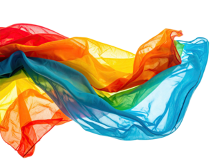 Flowing, vibrant fabric with rainbow colors against a solid black background, creating a dynamic design