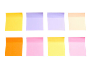 Fototapeta premium Eight vibrant sticky notes in various colors arranged in a neat grid on a black background