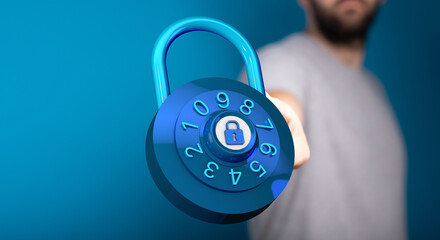 Concept of cybersecurity, data protection, privacy, and digital safety. Man holding a blue lock against a blue