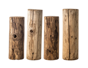 Four weathered wooden cylinders, varying in color and texture, stand against a stark black backdrop