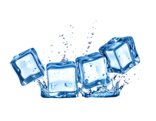 Four clear ice cubes suspended in motion as if splashed in water, against a black background
