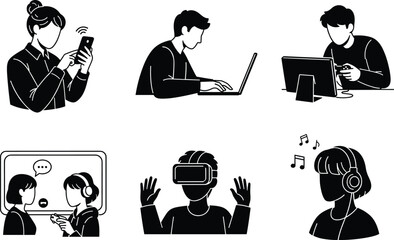 Modern technology lifestyle vector illustration, people using smartphone, laptop, virtual reality headset, headphones, and gaming devices, digital communication and entertainment concept