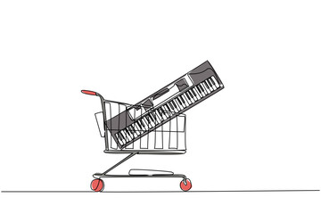 Single continuous line drawing shopping trolley containing keyboard. A very popular and versatile musical instrument. Singing melody. Buy A Musical Instrument Day. One line design vector illustration