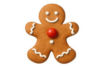 Gingerbread man cookie with red button and white icing on transparent background, symbolizing christmas holidays and sweet treats