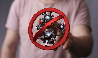 Abstract concept of hand stopping coronavirus with red sign. Protection from viruses, pandemic and quarantine