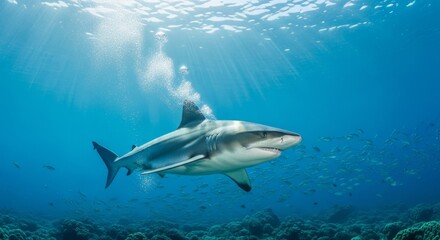 Naklejka premium Shark swimming powerfully through clear ocean water, showcasing its streamlined body and sharp fins. A top marine predator symbolizing strength, speed, and ocean wildlife.