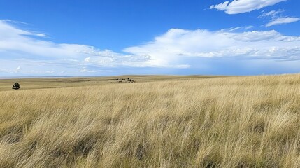 Panoramic vista shows a prairie under a vast blue sky with scattered clouds