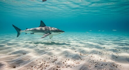Fototapeta premium Shark swimming powerfully through clear ocean water, showcasing its streamlined body and sharp fins. A top marine predator symbolizing strength, speed, and ocean wildlife.