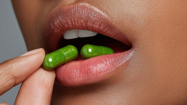 C&aacute;psulas verdes y labios femeninos: Suplementos y belleza, Primer plano de mujer tomando c&aacute;psulas verdes, Cuidado personal: Mujer tomando suplementos verdes
