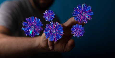 Concept of health and technology, illustration of a virus or bacteria with a hand, digital concept, 3d renderi