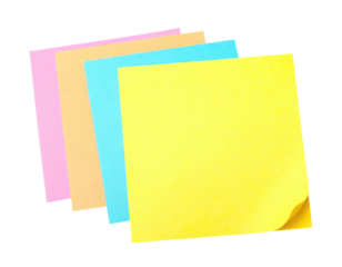 Four colorful, square sticky notes, slightly angled, with one corner of the yellow curled