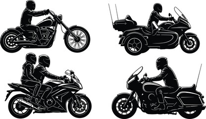 Obraz premium Motorcycle Riders Silhouettes Set: Sport Bike Couple, Chopper and Touring Motorbikes with Sidecar, Transportation Black Vector Illustration