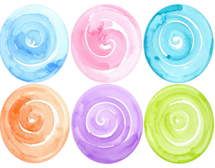 Six colorful, watercolor spiral circles in blue, pink, turquoise, orange, purple, and green