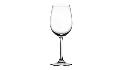 A clear stemmed glass for holding beverage, with curved bowl and thin stem, set against black