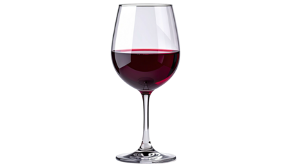 A clear stemmed glass holds deep ruby-red liquid, set against a solid black background
