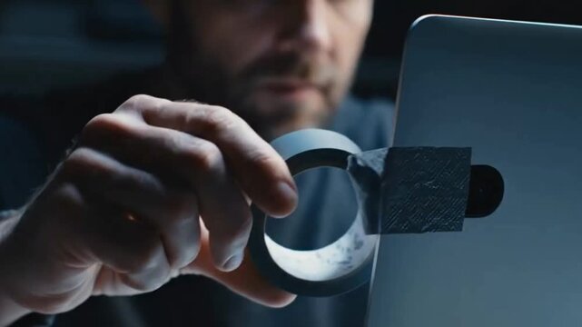 Slow-Motion Scene of Person Covering Webcam with Tape in Dark Ambient Light Symbolizing Digital Tension