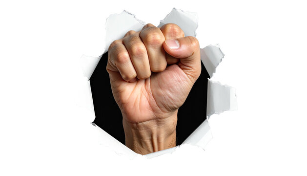 A clenched fist punches through a torn, white-edged hole against a black backdrop