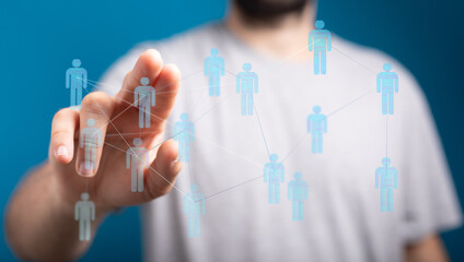 Concept of digital networking and people connecting with hand touch interface. Representing teamwork, collaboration and data transfer.