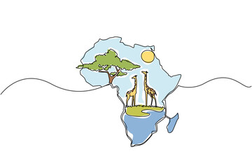 Continuous one line drawing the African continent with 2 giraffes, the sun and big tree in the middle. Endemic mammals. Savannah habitat. Global Africa Day. Single line draw design vector illustration