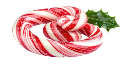 A close-up of a festive candy cane intertwined with a sprig of holly