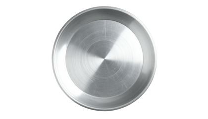 A close-up of a silver, metal disc on a black background, reflecting light in concentric circles