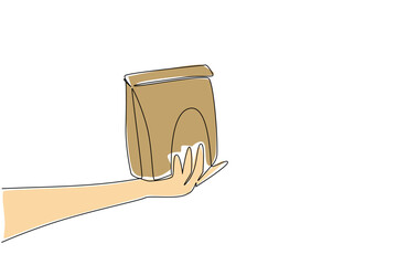 Continuous one line drawing hand holding brown paper bag with the top folded. Eco friendly packaging for food. Environmental care National Brown Bag It Day. Single line draw design vector illustration