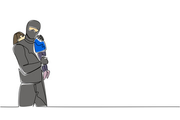 Continuous one line drawing a masked man carrying a girl. Tighten supervision of children. Crime is increasing. Abduction. National Missing of Children Day. Single line draw design vector illustration