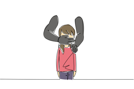 Single continuous line drawing mouth of girl is covered by an adult from behind. Child abductions are on the rise. Pedophiles. National Missing of Children Day. One line design vector illustration