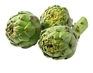 Fototapeta premium Three fresh artichokes, green and spiky, arranged on a black background