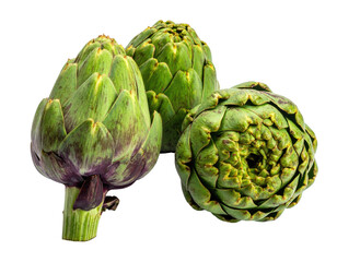 Obraz premium Three fresh green artichokes on a black background, a culinary ingredient ready to be prepared
