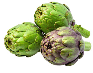 Obraz premium Close-up of three globe artichokes with green and purple hues, isolated on black