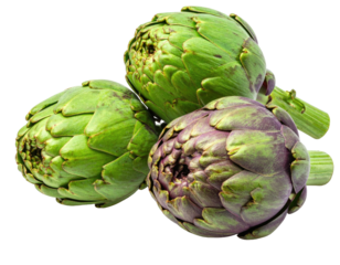 Close-up of three globe artichokes with green and purple hues, isolated on black