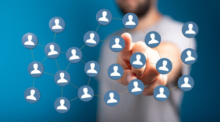 Visualize connection, communication and social media networks. Man interacting with digital people icons. Human