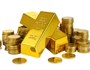 Close-up of gold bars and piles of golden coins, showcasing wealth and prosperity