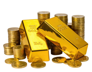 Close-up of gold bars and piles of coins, showcasing wealth and financial security on black backdrop