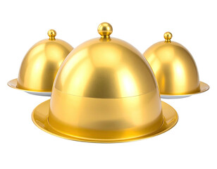 Three golden covered food dishes, arranged closely against a solid black background