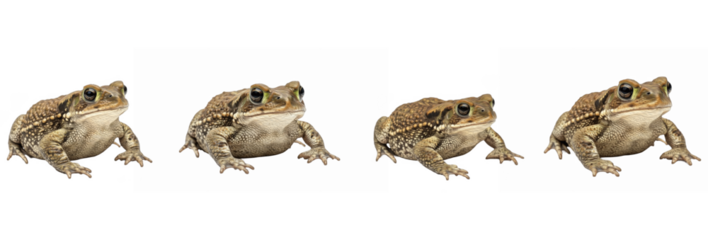 Set of Four Cane Toad Animals (Rhinella marina) in Different Poses, Isolated on Transparent PNG Background