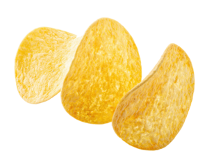 Three golden potato crisps slightly overlapping with a textured surface on a black background