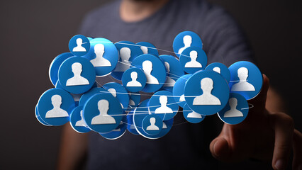 Human hand pointing at connected digital people icons, representing social connection, communication and technology.