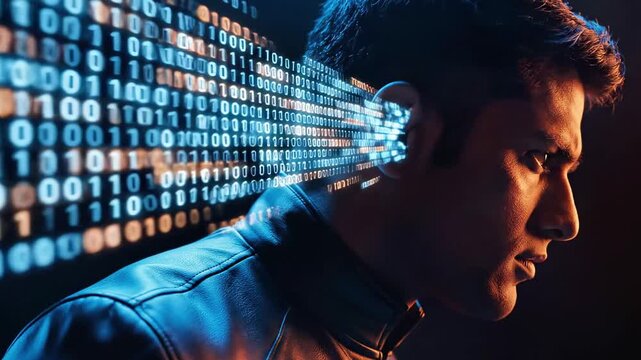 A man with short hair wearing a leather jacket with binary code streaming out of his ear