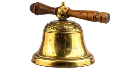 A close-up shot of a vintage brass bell with a wooden handle, isolated on black