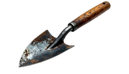 A close-up shot of a well-worn, rusty trowel with a wooden handle isolated on a black background